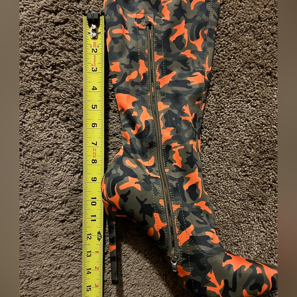 Liliana Orange and Black Camo Heeled Knee Boots